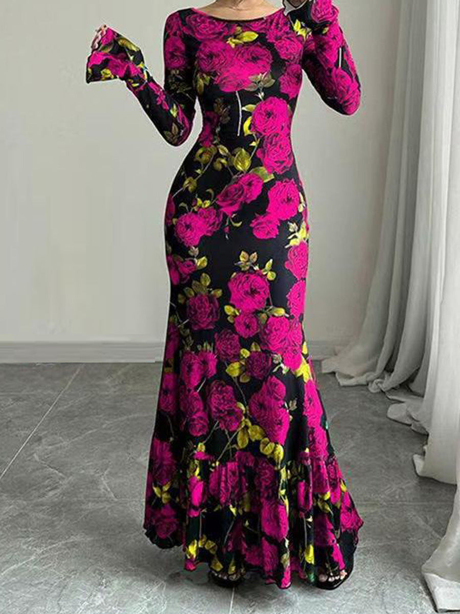 Damen Maxikleid mit Rüschendetails Langarm Floral