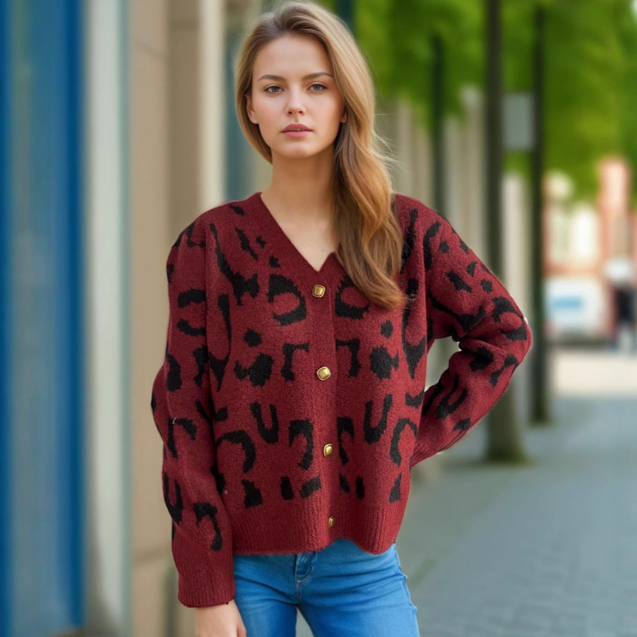 Damen Strickjacke Animalmuster Goldknöpfe Norvielle