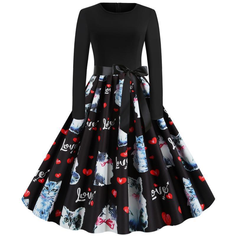 Damen Swingkleid Katzenmotiv Gürtel Elegant Norvielle