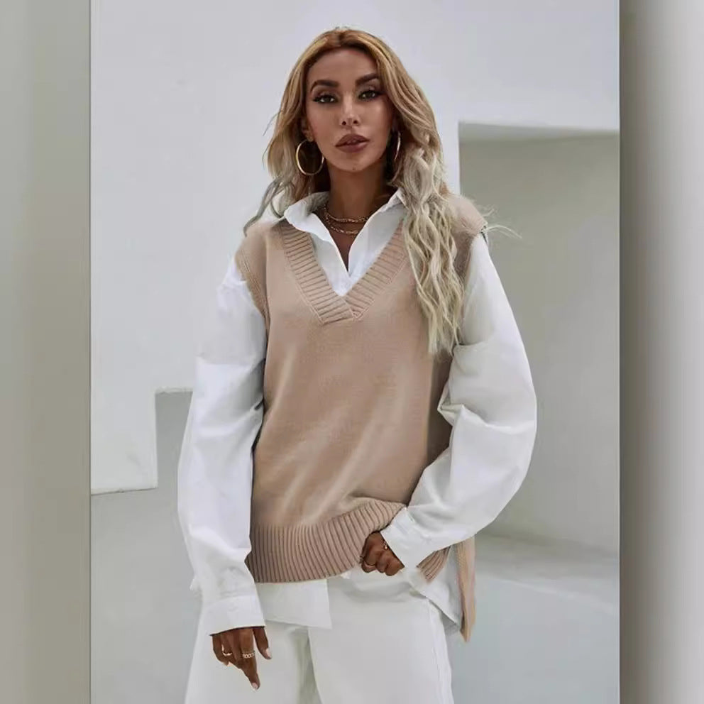 Damen Stricküberwurf V-Ausschnitt Lässig Beige - Norvielle