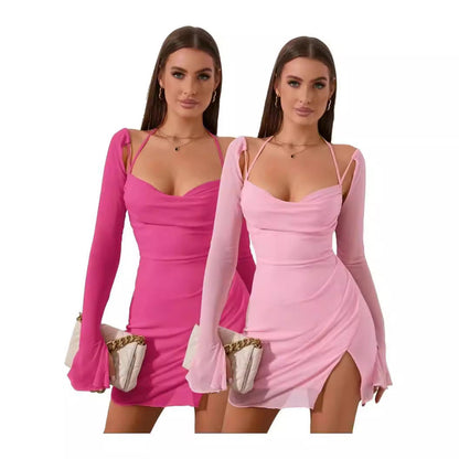 Damen Kleid Langarm Figurbetont Schwarz - Norvielle