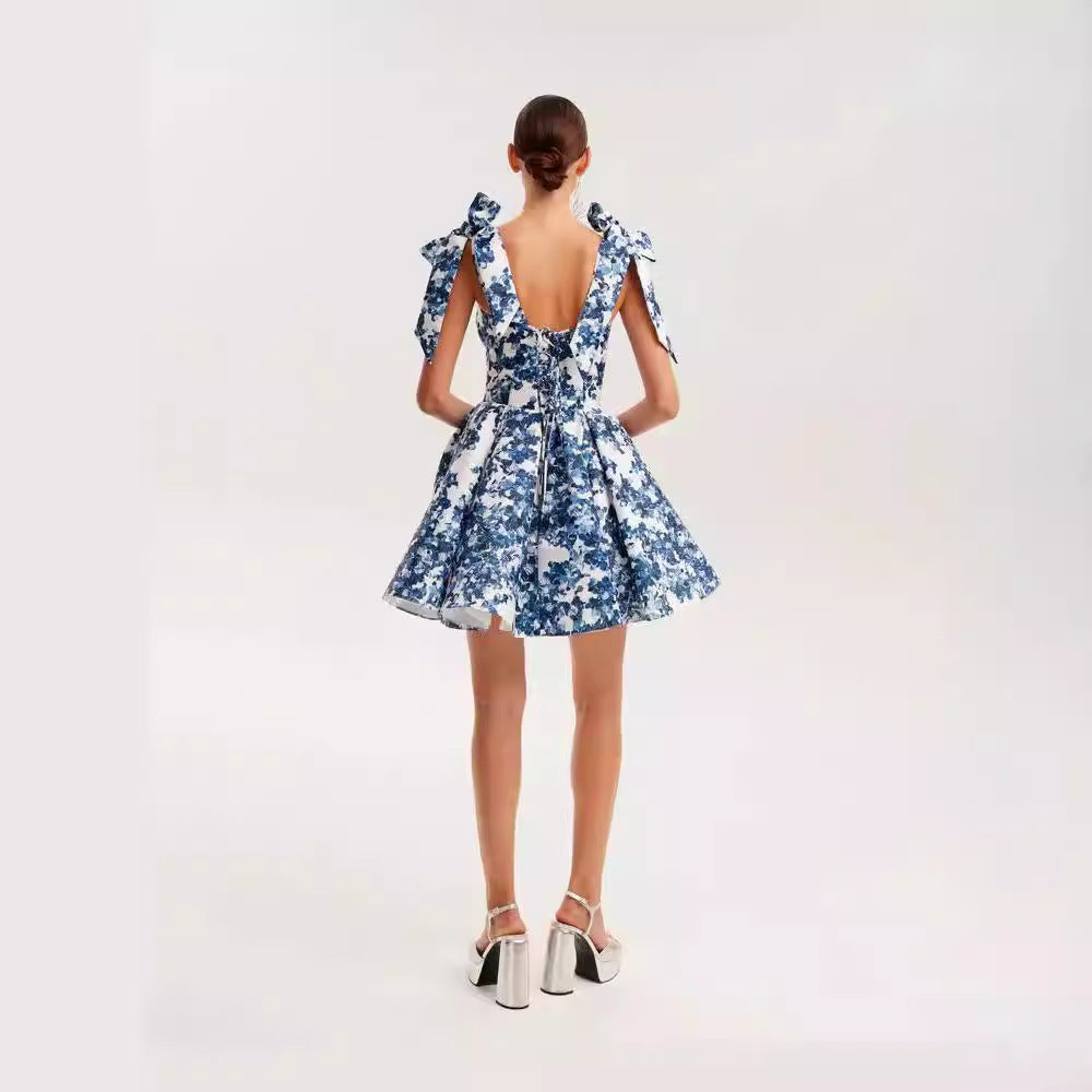 Damen Mini-Kleid Floralmuster Spitzenärmel