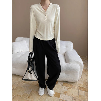 Damen Langarm Henley-Shirt Baumwolle Locker Weiß