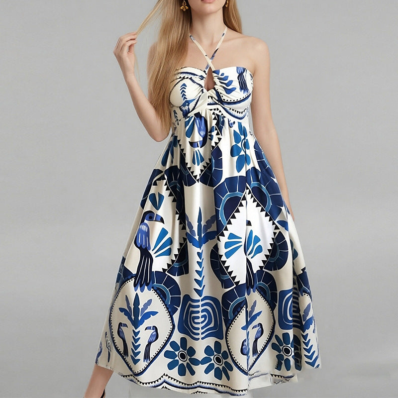 Damen Maxikleid Sommer florale Drucke Bandeau-Ausschnitt