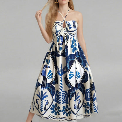 Damen Maxikleid Sommer florale Drucke Bandeau-Ausschnitt
