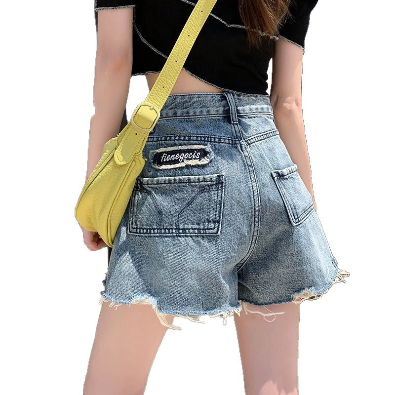 Damen Jeansshorts Fransensäume Stickdetail