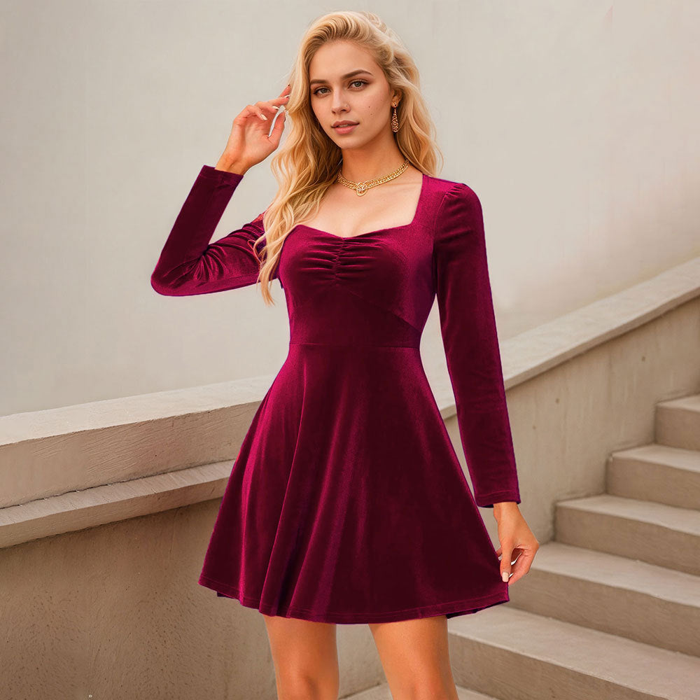 Damen Samt Minikleid Quadratischer Ausschnitt Länge Knie