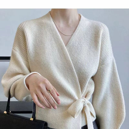 Damen Wickelpullover V-Ausschnitt Taillenzug Norvielle