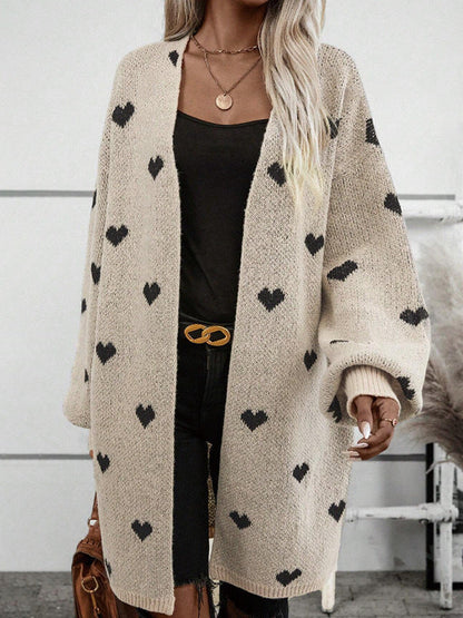 Damen Strickjacke Herzmuster Lässig Beige