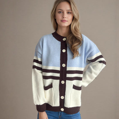 Damen Strickjacke Dekorative Streifen Große Knöpfe Norvielle