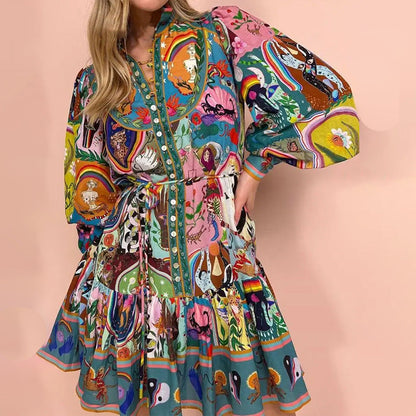 Damen Midikleid Bunt Tier- Blumenmuster Weite Ärmel