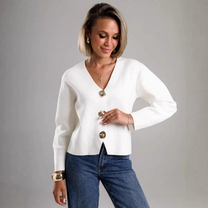 Damen Strickjacke V-Ausschnitt Goldknöpfe Norvielle