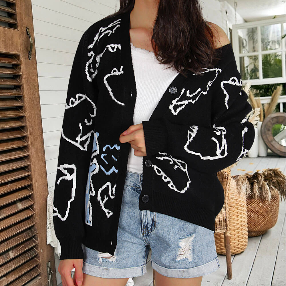 Damen Strickjacke Gemustert Dinosaurier Motiv Norvielle