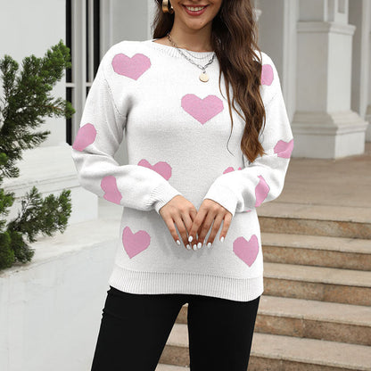 Damen Pullover Herzmuster Lässig Beige