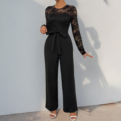 Damen Jumpsuit Spitzenoberteil Taillengürtel Norvielle