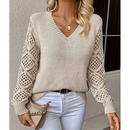 Damen Strickpullover V-Ausschnitt Lochmuster Norvielle - Norvielle