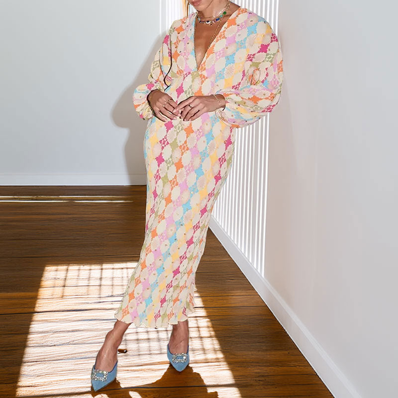 Damen Maxikleid Geometrische Muster Voluminöse Ärmel Norvielle
