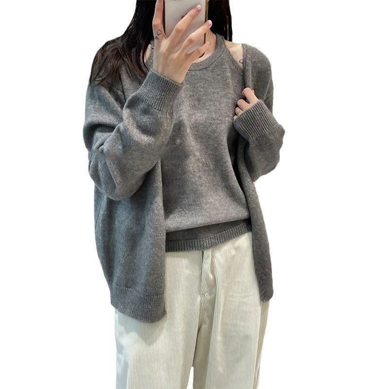 Damen Strickpullover Flauschig Offene Ärmel Beige