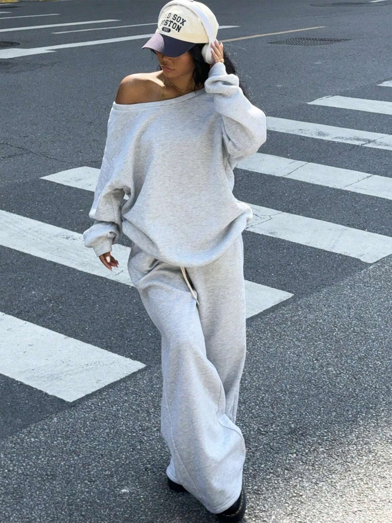 Damen Oversized Sweatpants und Pullover Bequem Grau