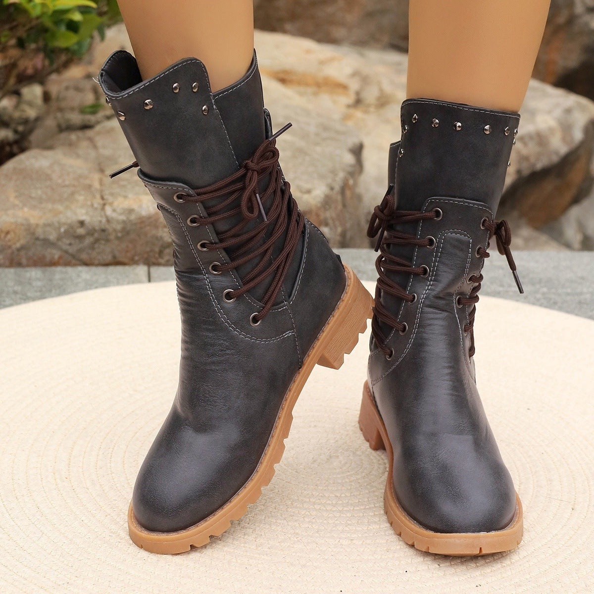 Damen Stiefel Mittellang Kunstleder Schnürung Blockabsatz
