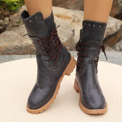 Damen Stiefel Mittellang Kunstleder Schnürung Blockabsatz