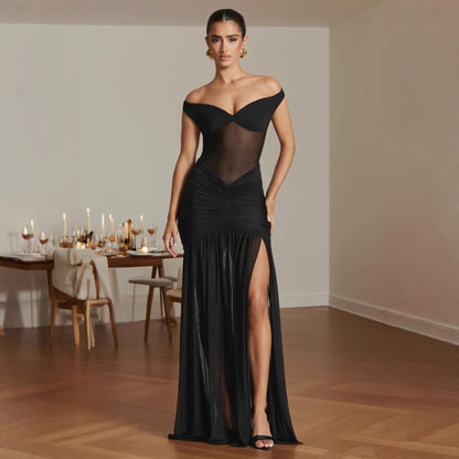 Damen Maxikleid Schulterfrei Raffung Norvielle