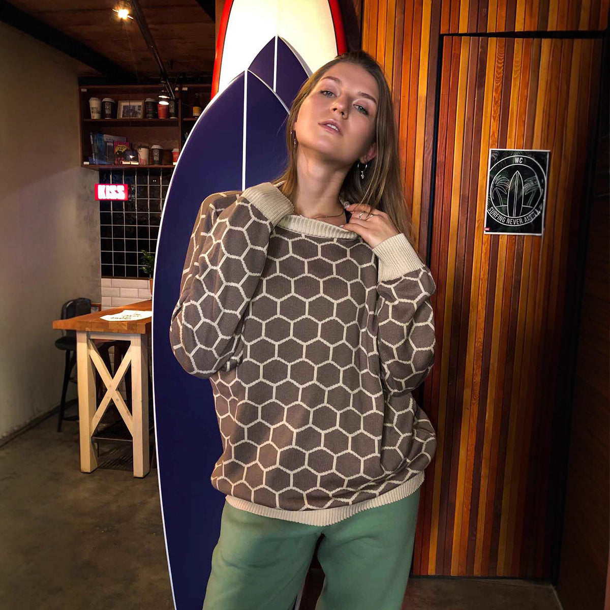 Damen Sweatshirt Gemusterter Wabenmuster Locker Norvielle - Norvielle