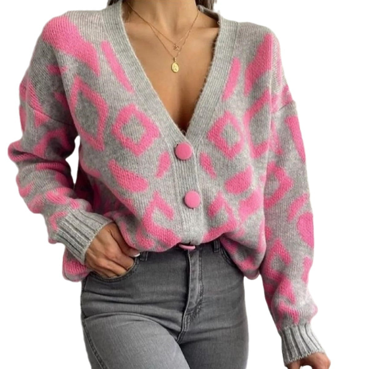 Damen Grobstrickjacke Leopardenmuster mit Knöpfen