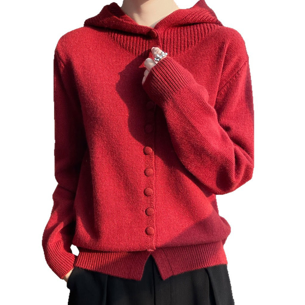 Damen Strickjacke mit Kapuze Dekorative Knöpfe Norvielle