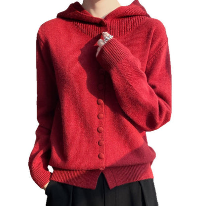Damen Strickjacke mit Kapuze Dekorative Knöpfe Norvielle