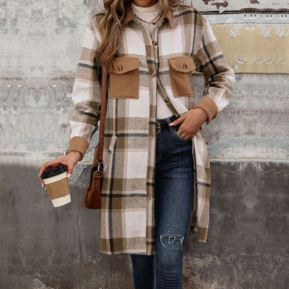 Damen Karierte Langarmjacke Baumwolle Moderne Taschen weiß
