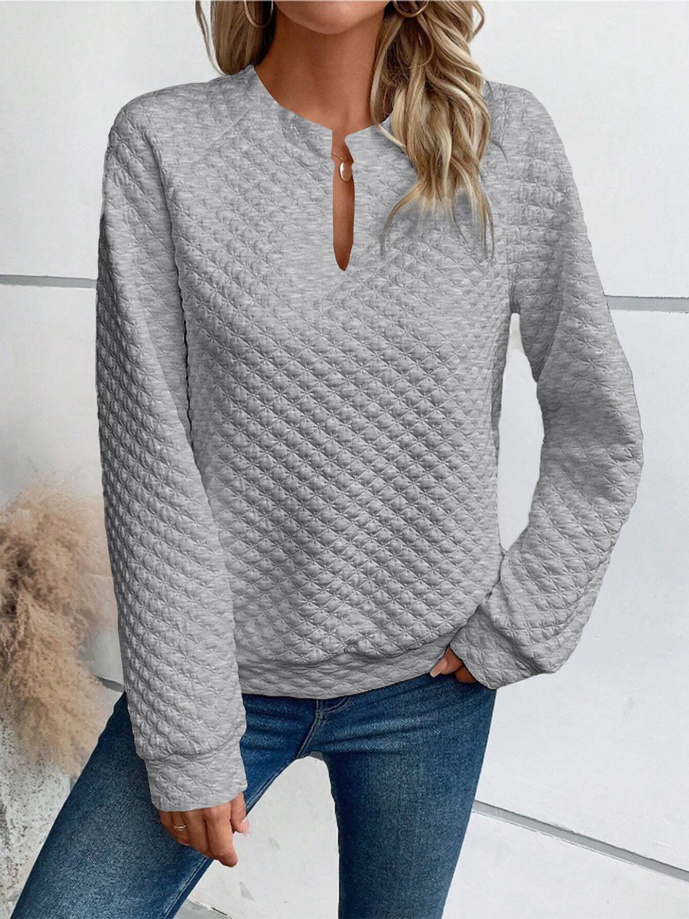 Damen Sweatshirt Strukturiertes Steppdesign Modischer Ausschnitt