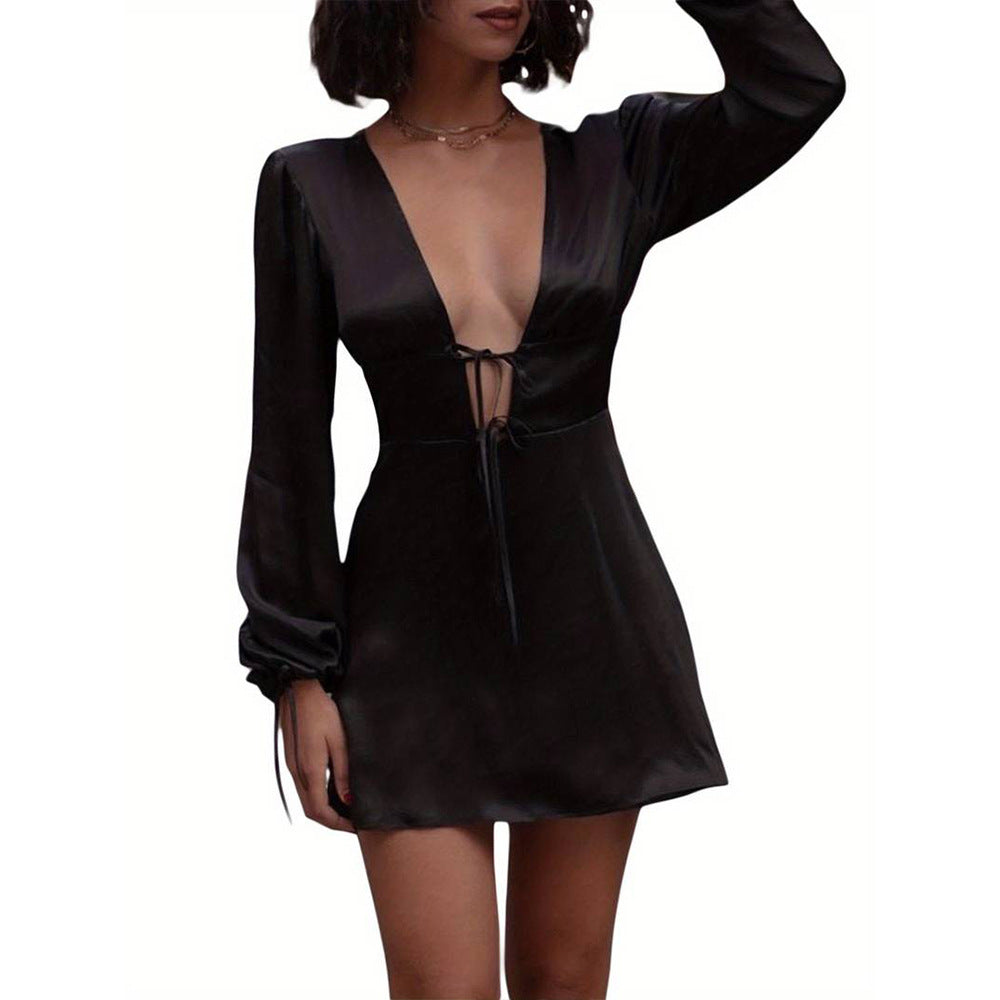 Damen Minikleid V-Ausschnitt Raffbänder Norvielle