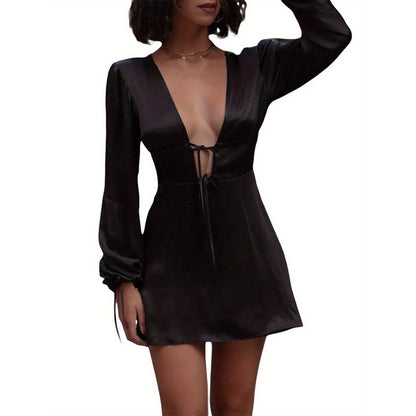 Damen Minikleid V-Ausschnitt Raffbänder Norvielle