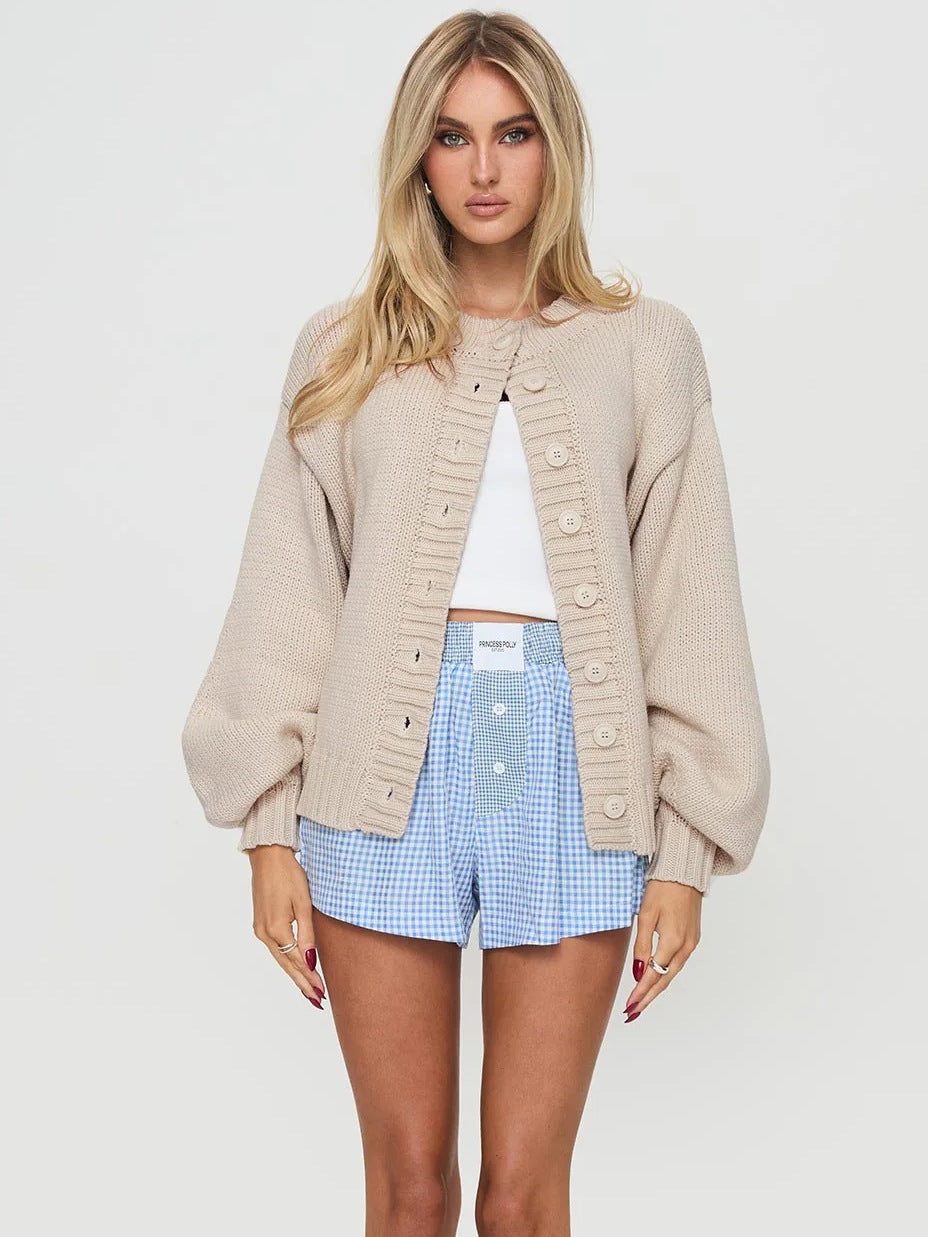 Damen Strickjacke Voluminöse Ärmel Dekorative Knöpfe Norvielle