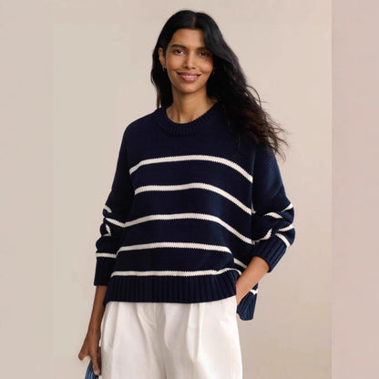 Damen Strickpullover Breitstreifen Rundhals weiß