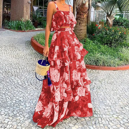 Damen Maxi-Rock Gestufter Volant Florales Design