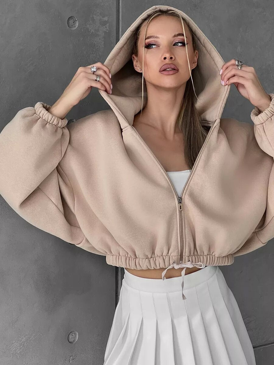 Damen Cropped Hoodie Weitem Schnitt Mit Kordelzug