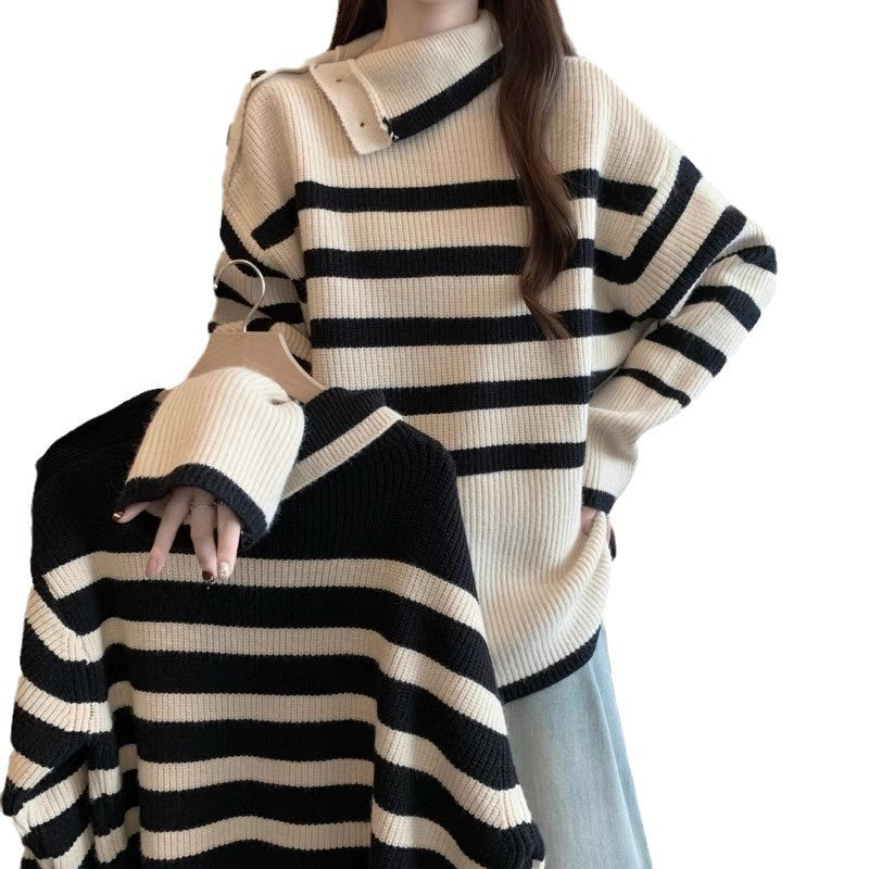 Damen Strickpullover Asymmetrischer Kragen Streifenmuster Norvielle