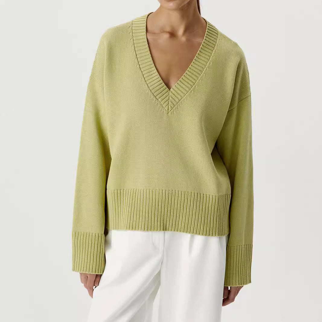 Damen Strickpullover V-Ausschnitt Breite Bündchen Norvielle