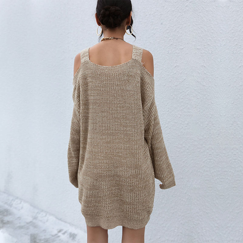 Damen Off-Shoulder Strickkleid Voluminöse Ärmel Beige