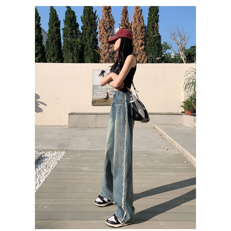 Damen Denim-Jeans Weit Bein Fransen Hoch Norvielle