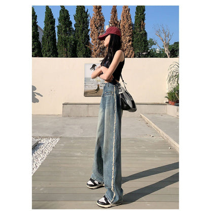 Damen Denim-Jeans Weit Bein Fransen Hoch Norvielle