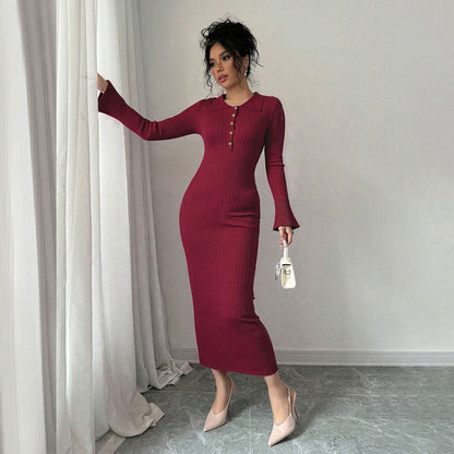 Damen Maxikleid Figurbetont Polokragen Knopfleiste Norvielle