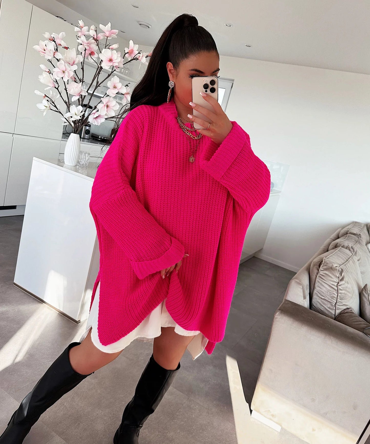 Damen Strickpullover Oversized Lässiger Schnitt Weite Ärmel Norvielle
