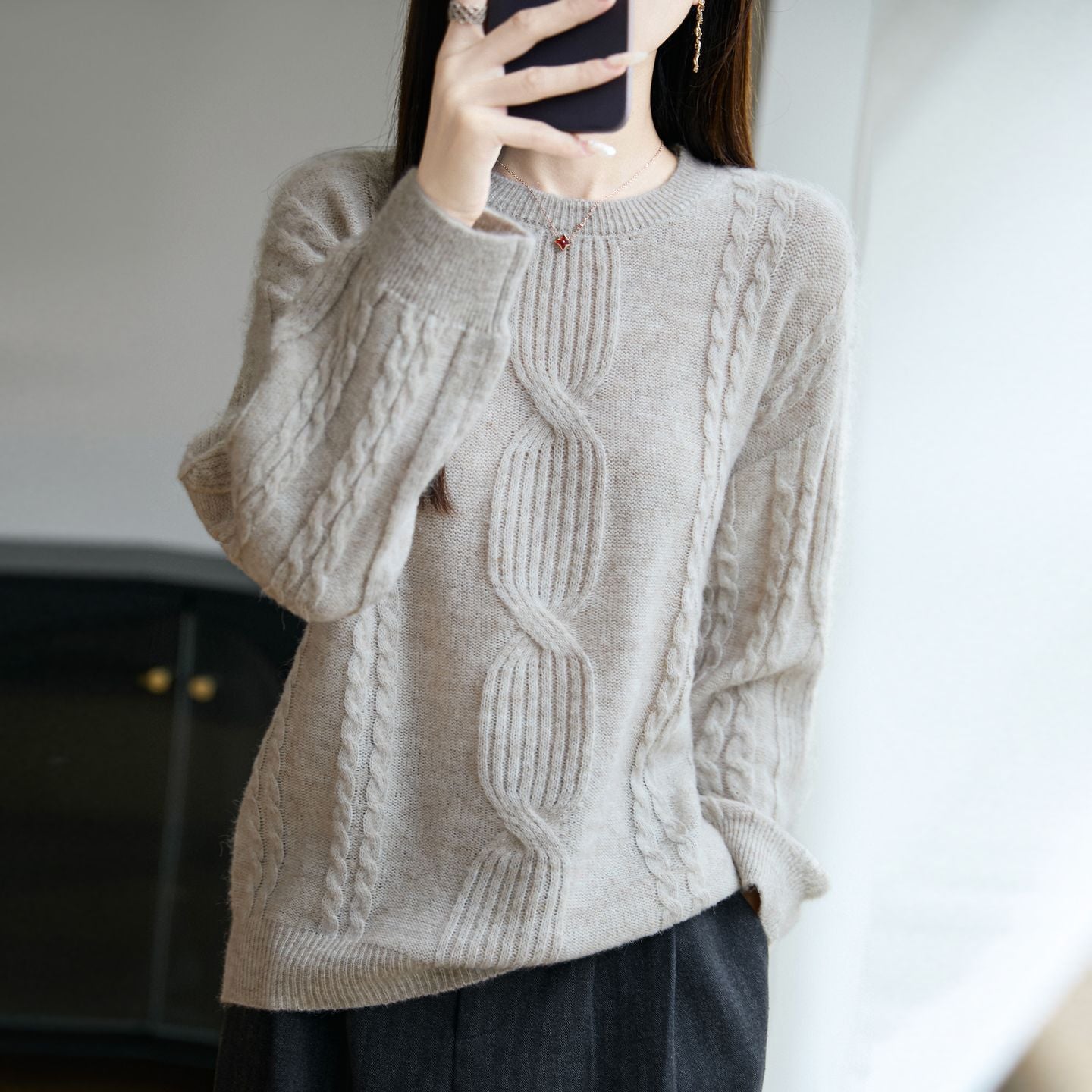 Damen Strickpullover Rundhals Zopfmuster Norvielle