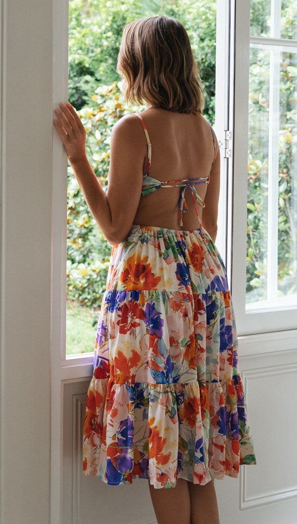 Damen Midi-Kleid Blumenmuster Fließender Rock