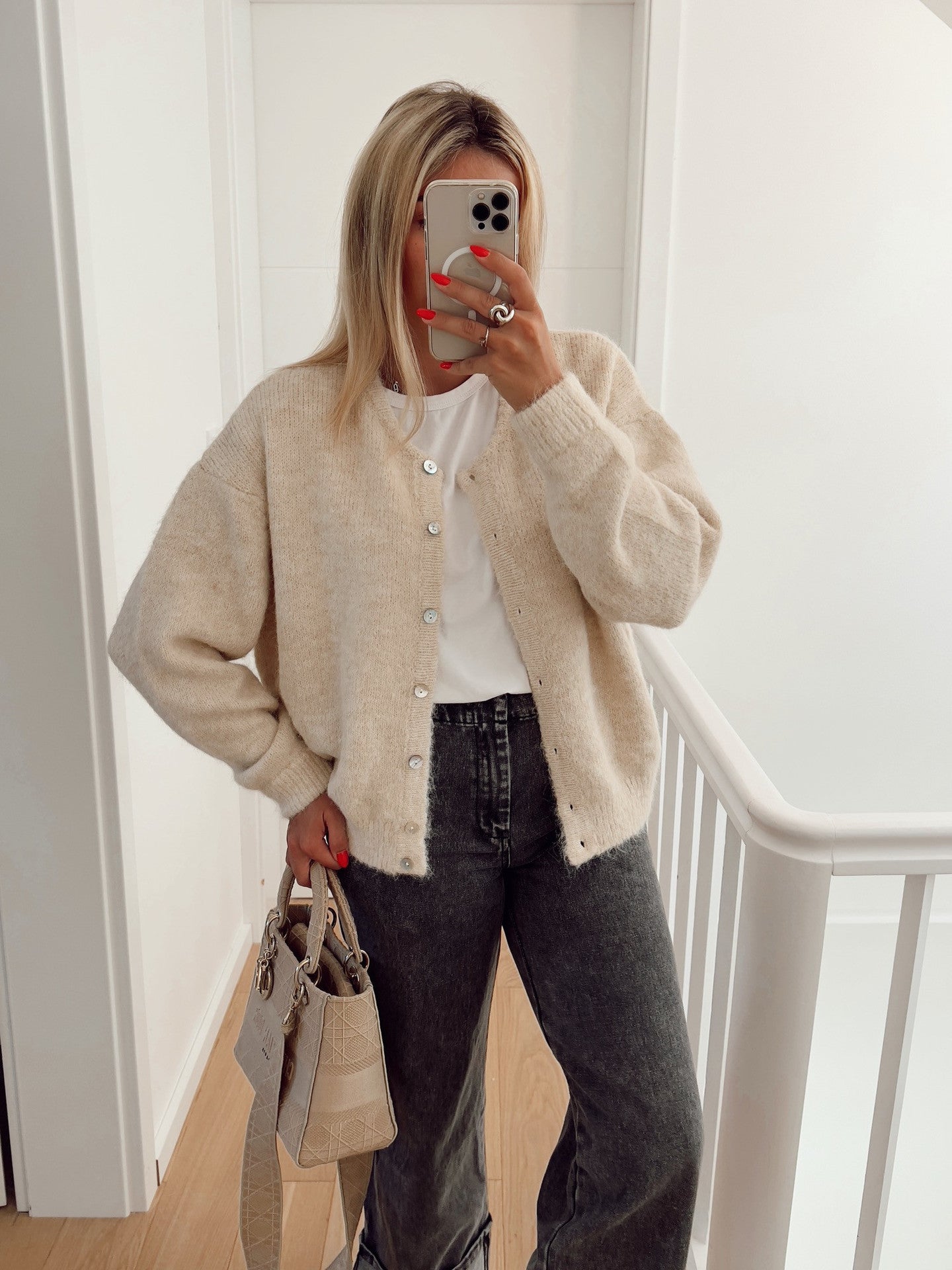 Damen Strickjacke Lässig Feinritz Knöpfe Beige