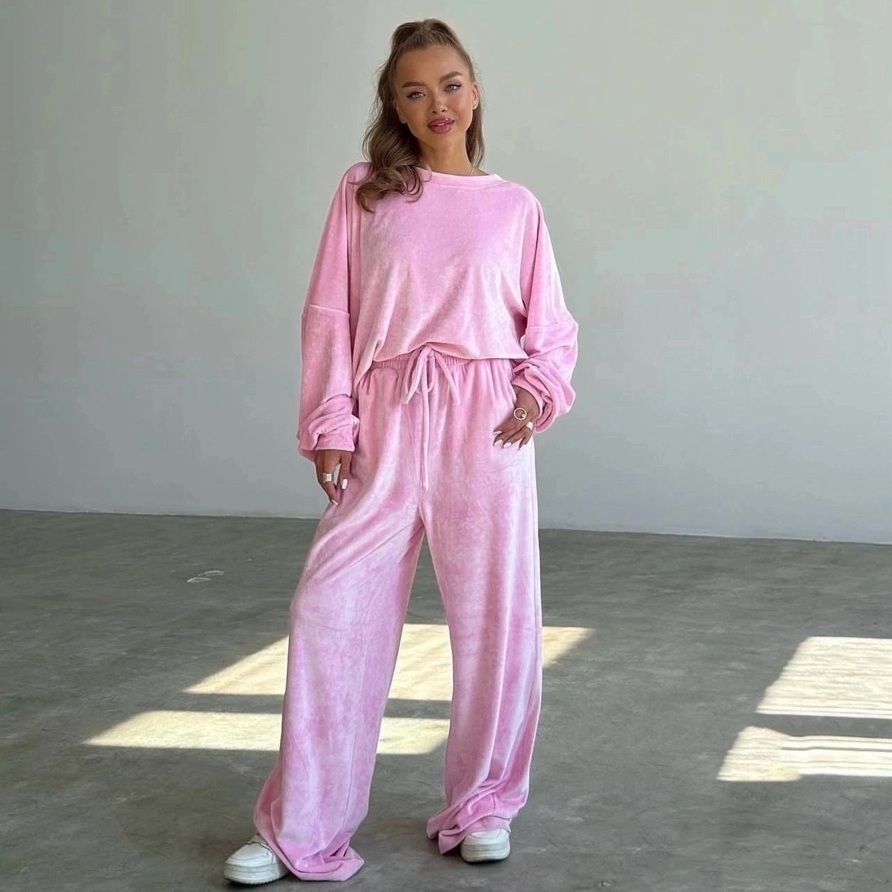 Damen Velours Jogginganzug Hochbund Weite Beine Norvielle