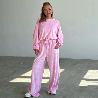 Damen Velours Jogginganzug Hochbund Weite Beine Norvielle